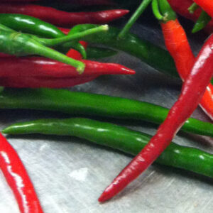 Pile of green and red hot peppers